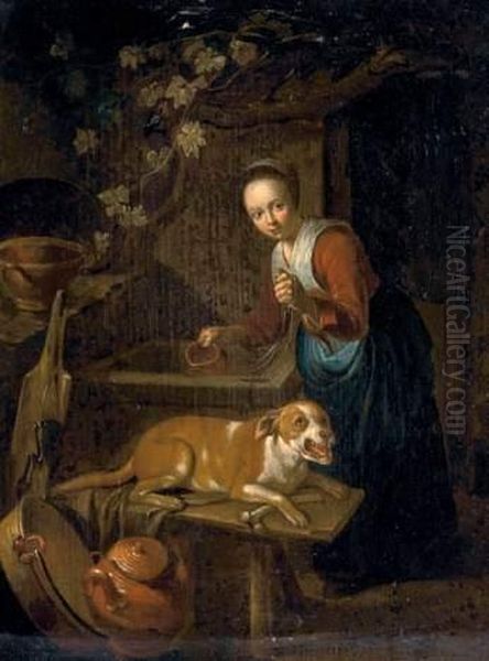 Jeune Femme Et Chien Au Puits Oil Painting by Dominicus van Tol