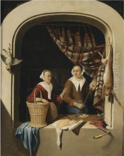 Two Ladies In A Niche Selling Poultry And A Hare Oil Painting by Dominicus van Tol