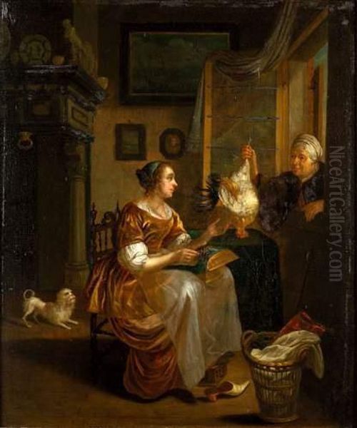 La Dentelliere Et La Marchande De Volailles Oil Painting by Dominicus van Tol