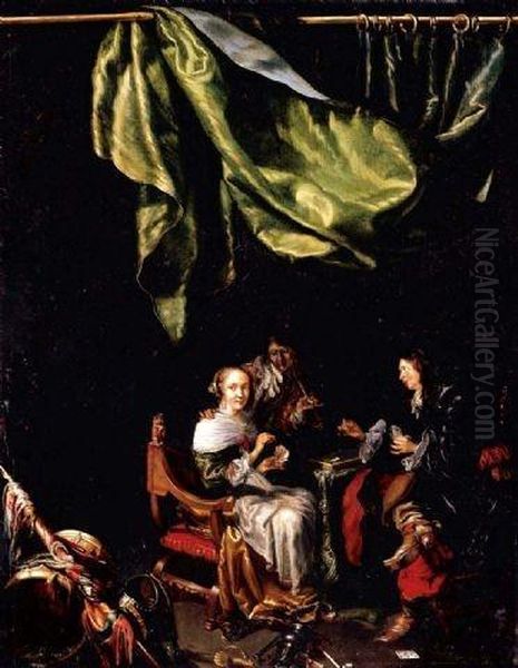 Cortegaardje Interior With Two Soldiers Playing Cards Oil Painting by Dominicus van Tol