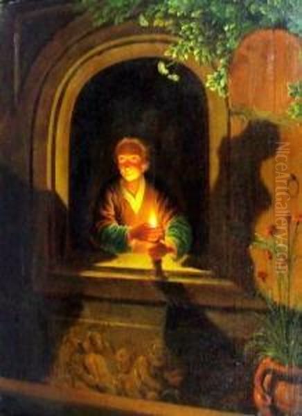 Junge Frau Am Fenster, Eine Kerze In Der Hand Haltend Oil Painting by Dominicus van Tol