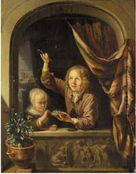 Two Children Blowing Bubbles At A Window Oil Painting by Dominicus van Tol