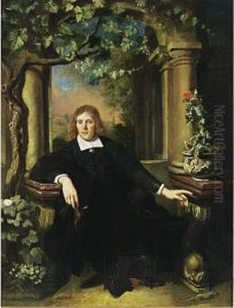 A Portrait Of A Gentleman, 
Seated Full Length, Wearing A Black Costume With White Collar And Cuffs,
 Holding A Handkerchief In His Right Hand, In An Architectural Setting 
With A Landscape Beyond Oil Painting by Dominicus van Tol