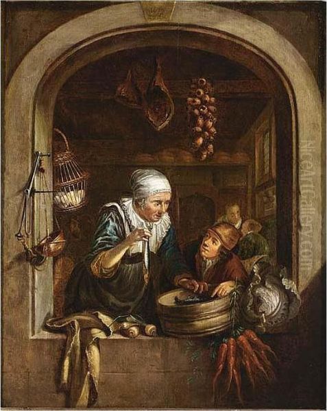 A Woman Showing A Herring To A 
Boy In A Window Bears Van Tol Signature And Date 1672 Upper Centre Oil Painting by Dominicus van Tol