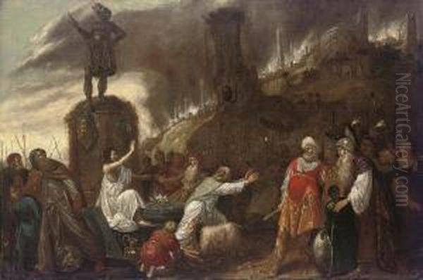 The Rival Sacrifices Of Eilijah And The Priests Of Baal Oil Painting by Rombout Van Troyen