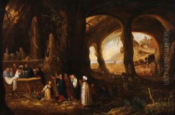 Grotto Interiorwith The Raising Of Lazarus Oil Painting by Rombout Van Troyen