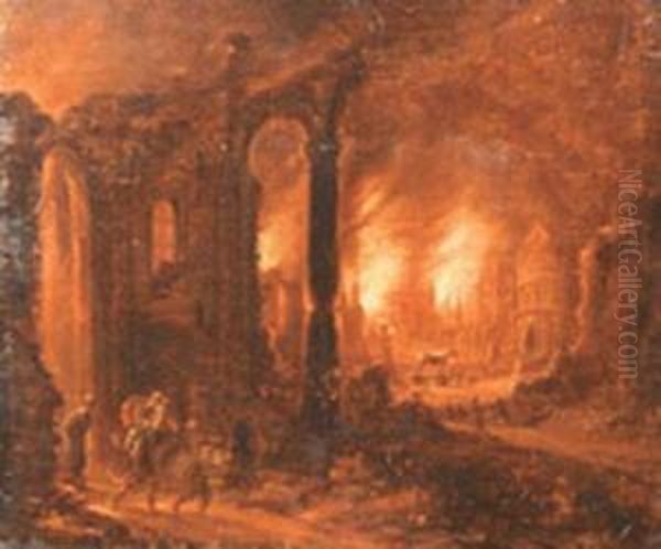 Didon Et Enee Fuyant L'incendie De Troie Oil Painting by Rombout Van Troyen