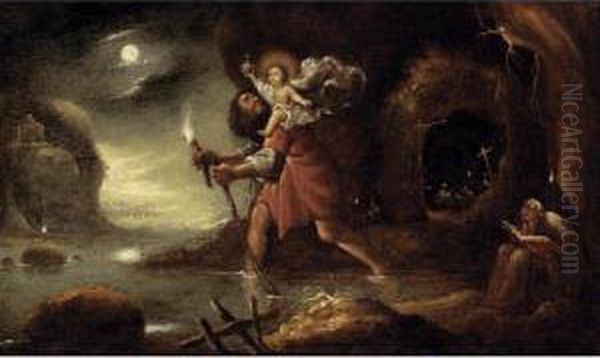 Saint Christopher Carrying Christ On His Shoulders Across The River Oil Painting by Rombout Van Troyen