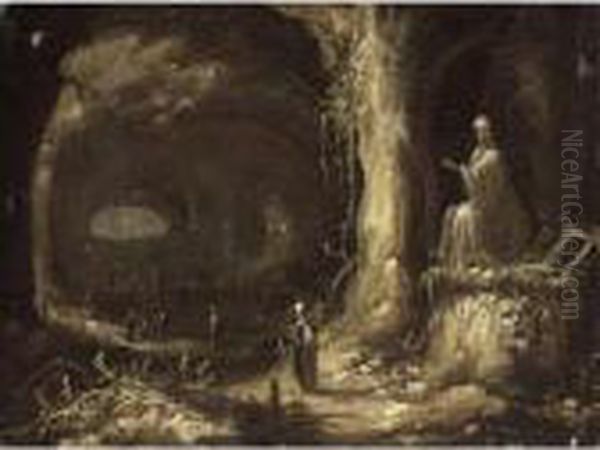 Interior Of A Grotto With Figures In Oriental Dress Before Shrines Oil Painting by Rombout Van Troyen