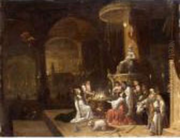 A Sacrifice In A Pagan Temple Oil Painting by Rombout Van Troyen