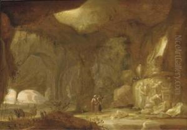 A Natural Grotto With Figures Approaching A Shrine Oil Painting by Rombout Van Troyen