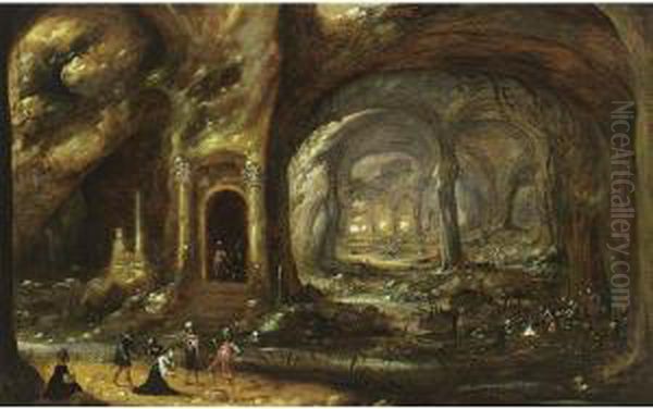 A Cave With Soldiers Capturing A
 Woman And Her Servant In The Foreground, Other Soldiers Near A Fire On 
The Right Oil Painting by Rombout Van Troyen