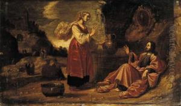 Christ And The Woman Of Samaria Oil Painting by Rombout Van Troyen