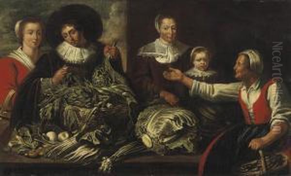 An Elegant Family Buying Artichokes From A Vegetable Stall Oil Painting by Adriaen van Utrecht