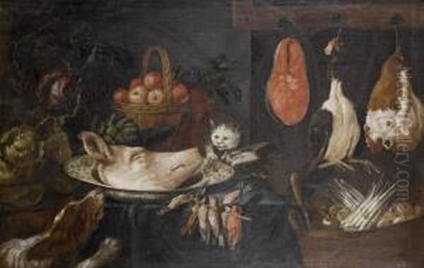 A Dog And Cat Amid A Still Life 
Of Game With A Basket Of Asparagus And Mushrooms In A Kitchen Interior Oil Painting by Adriaen van Utrecht