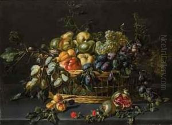 A Basket Of Grapes, Apples, Pears, Peaches, Apricots And Otherfruit On A Ledge Oil Painting by Adriaen van Utrecht