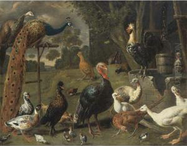 Peacock And Peahen On A Perch, Turkeys, A Pheasant And Poultry By Awell Oil Painting by Adriaen van Utrecht