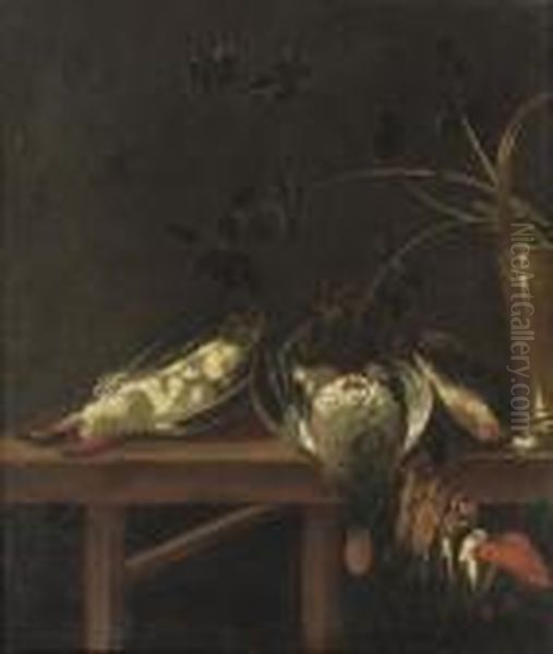 Woodpeckers, Great Tits And A Brass Bucket On A Wooden Table Oil Painting by Adriaen van Utrecht