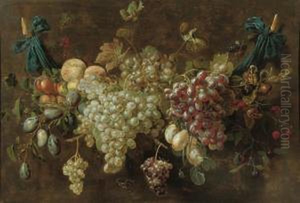 A Garland Of White And Black 
Grapes, Plums, Peaches, Cherries Andother Fruit, Tied To The Wall With 
Blue Ribbons Oil Painting by Adriaen van Utrecht