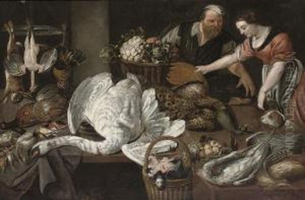 A Kitchen Still Life With A 
Swan, A Peacock, Chicken, Finches And Other Poultry Laid On A Table, 
With A Maid, And A Butcher Oil Painting by Adriaen van Utrecht