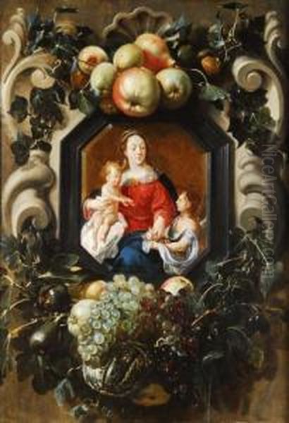 Guirnalda De Frutas Con Escena De La Virgen Con El Nino En Un Marco Fingido Oil Painting by Adriaen van Utrecht