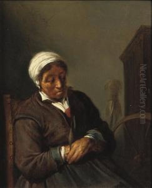 An Old Woman At A Spinning Wheel Oil Painting by Adriaen van Utrecht