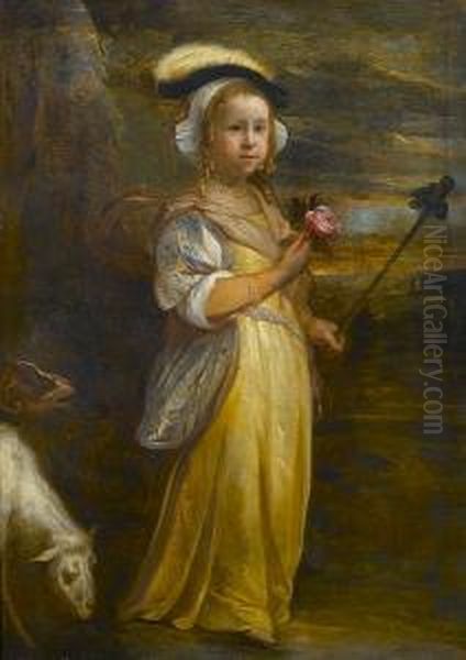 Portrait Of A Young Girl Dressed
 As A Shepherdess, In A Yellow Dress And A Plumed Hat, Holding A Rose Oil Painting by Adriaen van Utrecht