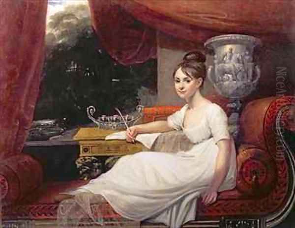 Portrait of Eleanor Anne Porden on a chaise longue Oil Painting by Mary Ann Flaxman