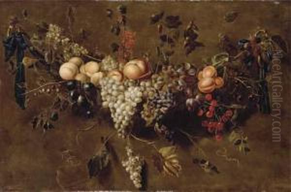 A Garland Of Grapes, Blackberries, Cherries, Plums, Gooseberries And Redcurrants Oil Painting by Adriaen van Utrecht