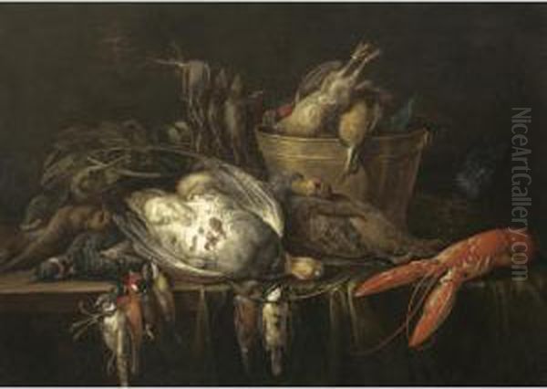 Still Life With A Lobster, 
Partridges, Songbirds, And A Brass Bucket All Resting On A Wooden Table 
Draped With A Green Cloth Oil Painting by Adriaen van Utrecht