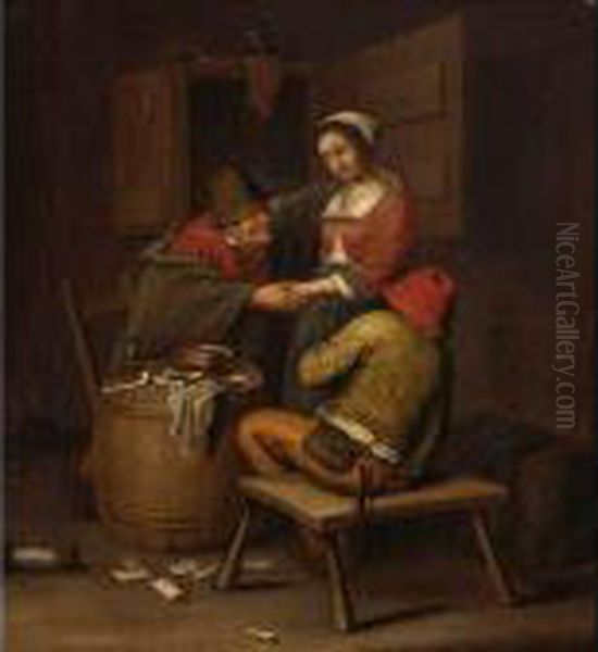 An Interior Scene With Peasants 
Courting A Young Woman, Some Smoking Utensils And Playing Cards On The 
Ground Oil Painting by Adriaen van Utrecht