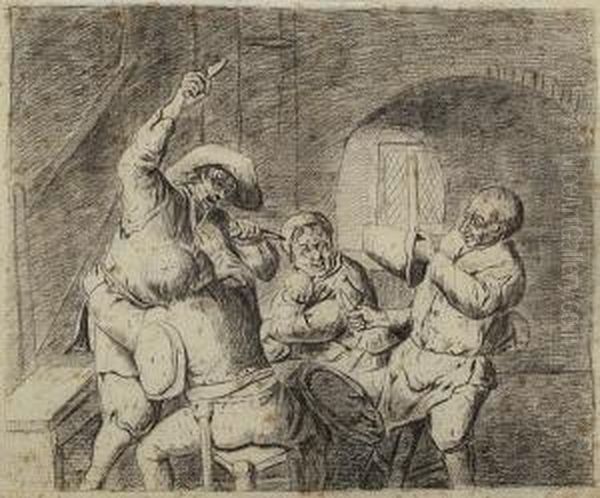 Peasants Fighting In A Tavern Oil Painting by Adriaen van Utrecht