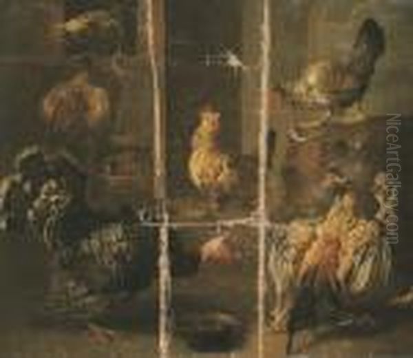 A Turkey And Chickens In A Yard Oil Painting by Adriaen van Utrecht