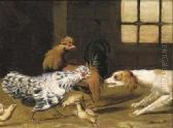 A Spaniel Chasing A Cockeral, A Hen And Chicks Oil Painting by Adriaen van Utrecht