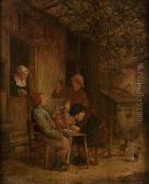 Peasants Smoking And Drinking Outside A Country Cottage Oil Painting by Adriaen van Utrecht