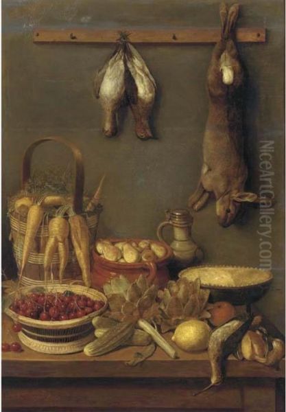 A Wicker Basket Of Cherries, A 
Bucket Of Parsnips, An Earthenwarejug Filled With Pears And A Pie In A 
Dish On A Table Withartichokes, Courgettes, A Lemon, An Orange, A Snipe 
And A Duck, Arabbit And Two Starlings Hanging Above Oil Painting by Adriaen van Utrecht