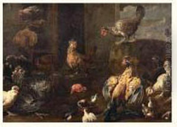 Poules Et Coq Dans Une Basse-cour Oil Painting by Adriaen van Utrecht