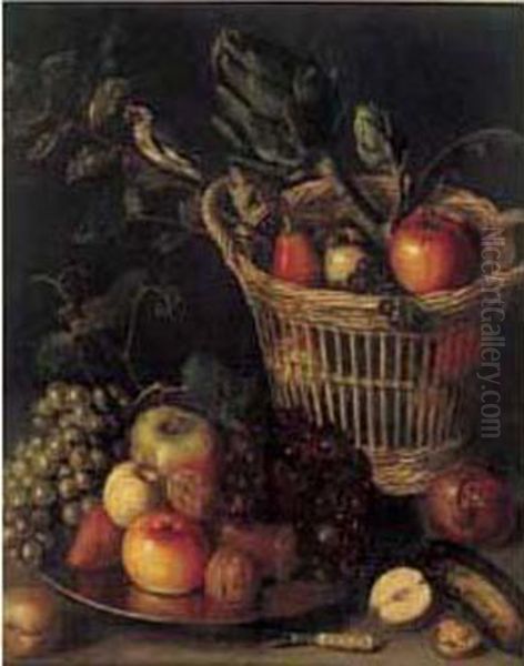 Nature Morte Au Panier De Fruits
 Et Artichauts, Pres D'un Plat De Fruit Sur Un Entablement Oil Painting by Adriaen van Utrecht