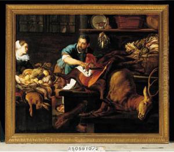 A Kitchen Still Life, With A Man-servant Paunching A Stag, Watched By A Maid Oil Painting by Adriaen van Utrecht