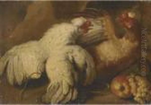 Two Hens In A Landscape With An 
Apple And Grapes In The Foreground; And Dead Game In A Landscape Oil Painting by Adriaen van Utrecht