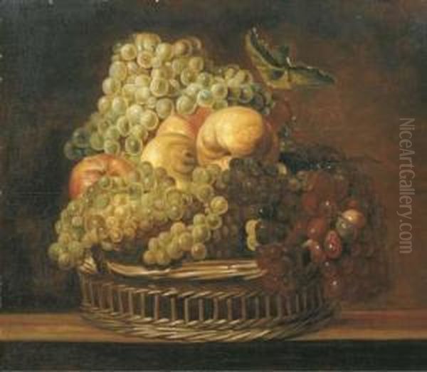 Grapes, Apples, A Peach And A Lemon In A Wicker Basket On A Woodenledge Oil Painting by Adriaen van Utrecht