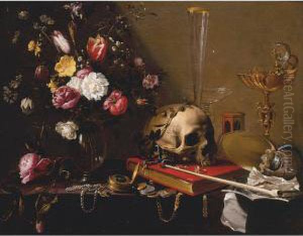 Vanitas Still Life With A Bouquet And A Skull Oil Painting by Adriaen van Utrecht