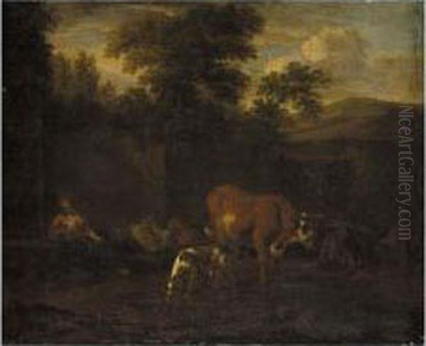 Shepherdess With Her Flock Near A Riverbank Oil Painting by Adriaen van Utrecht