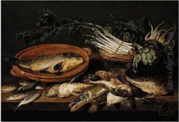 A Still Life Of Artichokes, 
Asparagus, Radishes, And Turnips In A Wicker Basket, With A Carp In A 
Terracotta Dish, Together With Salt- And Fresh-water Fish, All Arranged 
Upon A Table-top Oil Painting by Adriaen van Utrecht