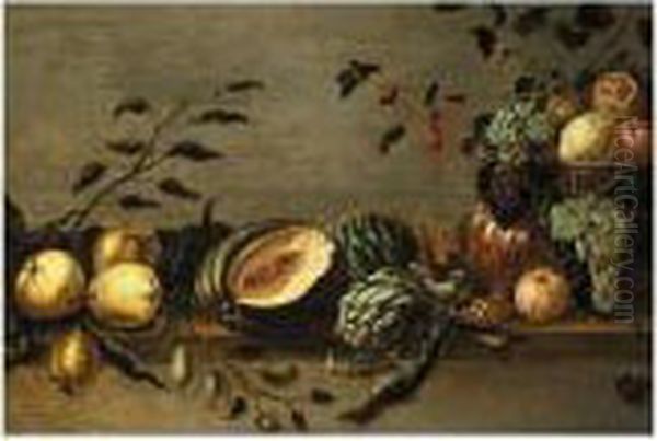 Still Life Of Grapes, 
Pomegranates, And Currents In A Bronze Bowl With A Melon, Artichokes, 
Pears, And Plums On A Wooden Table Oil Painting by Adriaen van Utrecht