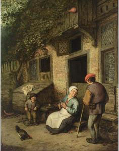 A Man And A Woman Conversing Outside A House, A Boy Playing With A Hoop Nearby Oil Painting by Adriaen van Utrecht