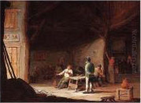 Tavern Interior With Peasants Playing Music Oil Painting by Adriaen van Utrecht