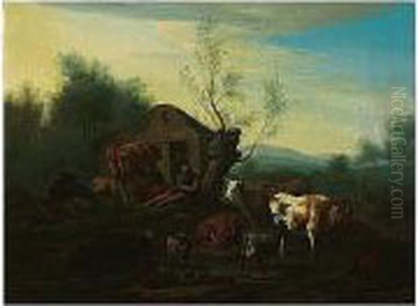 A Pastoral Landscape With A Herdsman Guarding His Cattle Oil Painting by Adriaen van Utrecht