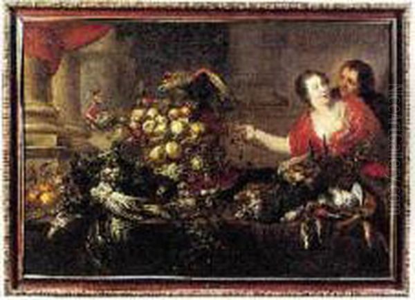 Couple Pres D'une Table Garnie De Legumes,fruits Et Gibiers Oil Painting by Adriaen van Utrecht