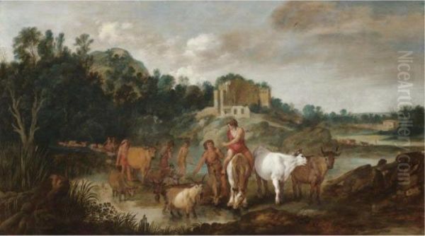 A Landscape With Drovers And Their Animals Fording A River Oil Painting by Moyses or Moses Matheusz. van Uyttenbroeck